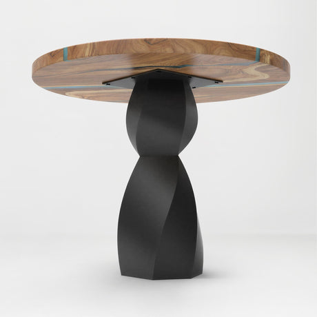 Metal Table Base 338 Eve 28.5" H – graceful and soft pedestal base handcrafted from heavy-duty powder-coated steel in matte black. This sculptural metal base features a compact, flowing curve design and a sturdy foundation (1,000 lbs capacity), specifically engineered to support a heavy live-edge tabletop, round wood top, or marble slab. A premium DIY steel table base and modern furniture foundation that brings a clean look and steady support to custom dining tables and cozy breakfast nooks.