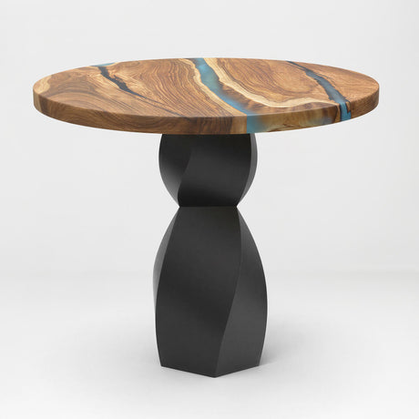 Metal Table Base 338 Eve 28.5" H – graceful and soft pedestal base handcrafted from heavy-duty powder-coated steel in matte black. This sculptural metal base features a compact, flowing curve design and a sturdy foundation (1,000 lbs capacity), specifically engineered to support a heavy live-edge tabletop, round wood top, or marble slab. A premium DIY steel table base and modern furniture foundation that brings a clean look and steady support to custom dining tables and cozy breakfast nooks.