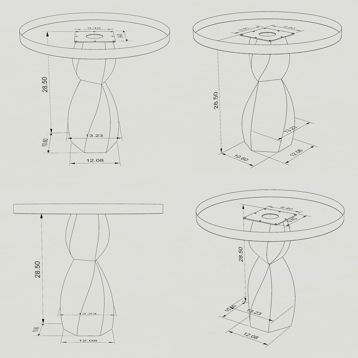 Metal Table Base 338 Eve 28.5" H – graceful and soft pedestal base handcrafted from heavy-duty powder-coated steel in matte black. This sculptural metal base features a compact, flowing curve design and a sturdy foundation (1,000 lbs capacity), specifically engineered to support a heavy live-edge tabletop, round wood top, or marble slab. A premium DIY steel table base and modern furniture foundation that brings a clean look and steady support to custom dining tables and cozy breakfast nooks.