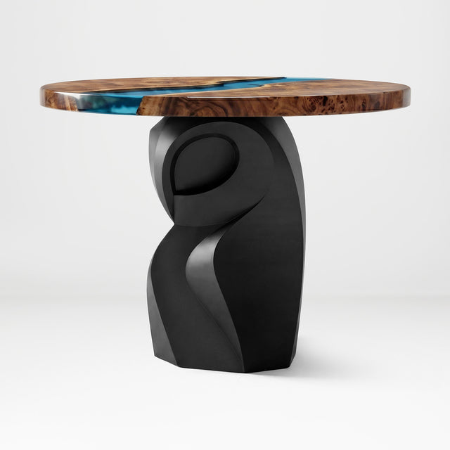 Metal Table Base 801 Owra 28.5" H – heavy-duty pedestal base featuring a sculptural owl-inspired silhouette in matte black powder-coated steel. This high-capacity metal base (1,000 lbs) provides a sturdy foundation specifically designed to support a heavy live-edge tabletop, thick marble slab, or glass top. A premium DIY steel table base and industrial furniture foundation that ensures steady support for custom dining room projects and professional commercial spaces.