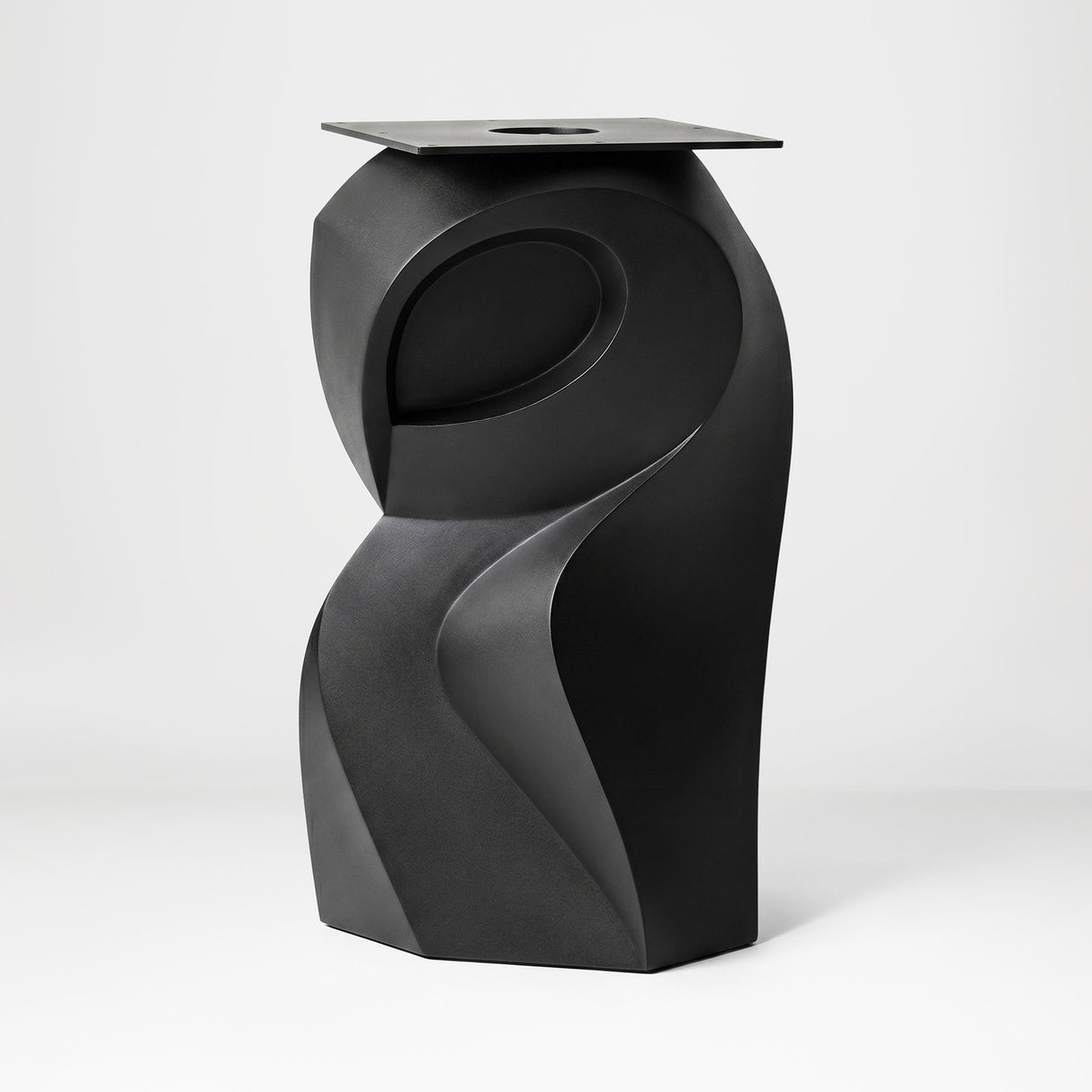 Metal Table Base 801 Owra 28.5" H – heavy-duty pedestal base featuring a sculptural owl-inspired silhouette in matte black powder-coated steel. This high-capacity metal base (1,000 lbs) provides a sturdy foundation specifically designed to support a heavy live-edge tabletop, thick marble slab, or glass top. A premium DIY steel table base and industrial furniture foundation that ensures steady support for custom dining room projects and professional commercial spaces.