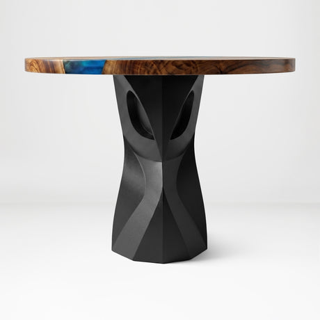 Metal Table Base 801 Owra 28.5" H – heavy-duty pedestal base featuring a sculptural owl-inspired silhouette in matte black powder-coated steel. This high-capacity metal base (1,000 lbs) provides a sturdy foundation specifically designed to support a heavy live-edge tabletop, thick marble slab, or glass top. A premium DIY steel table base and industrial furniture foundation that ensures steady support for custom dining room projects and professional commercial spaces.