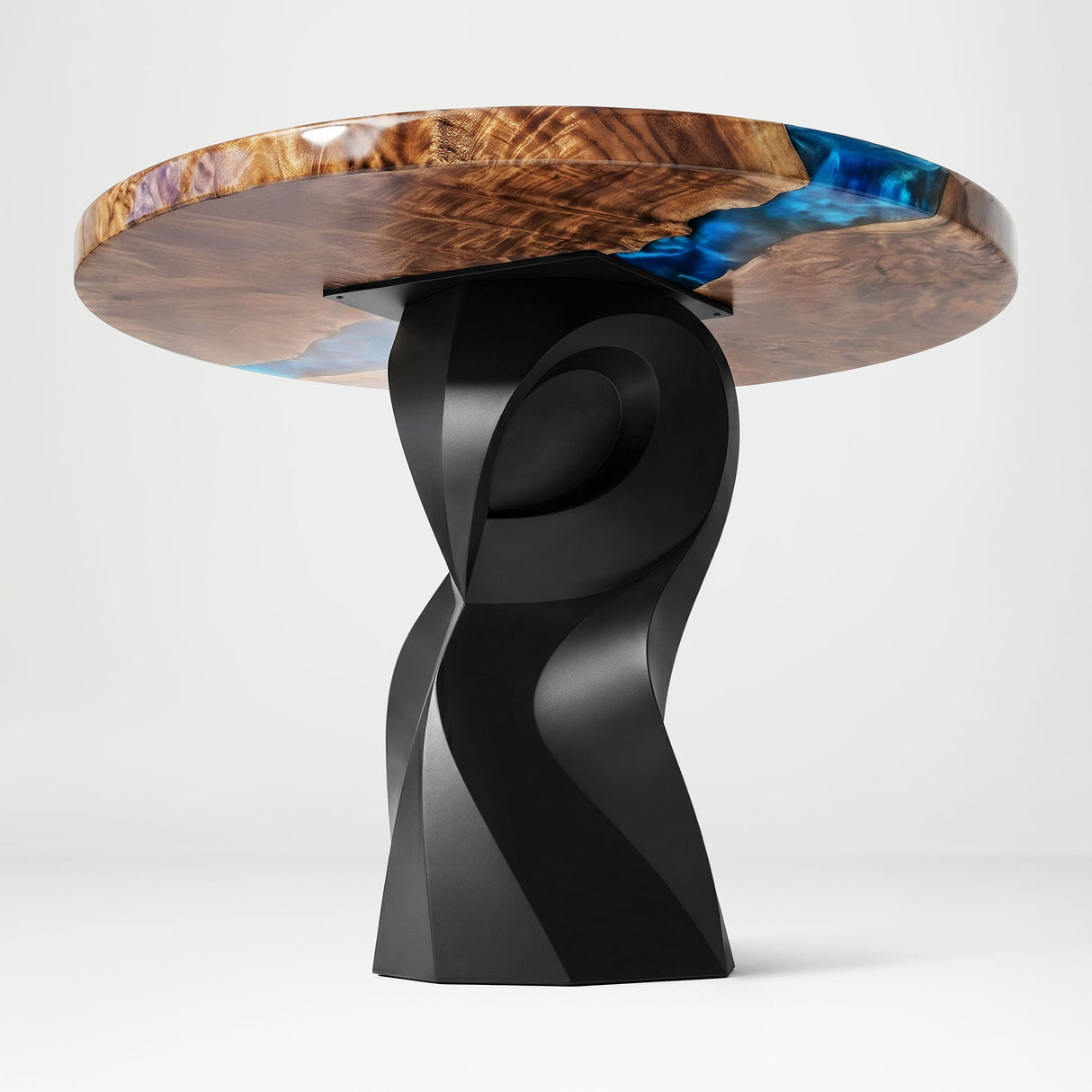 Metal Table Base 801 Owra 28.5" H – heavy-duty pedestal base featuring a sculptural owl-inspired silhouette in matte black powder-coated steel. This high-capacity metal base (1,000 lbs) provides a sturdy foundation specifically designed to support a heavy live-edge tabletop, thick marble slab, or glass top. A premium DIY steel table base and industrial furniture foundation that ensures steady support for custom dining room projects and professional commercial spaces.