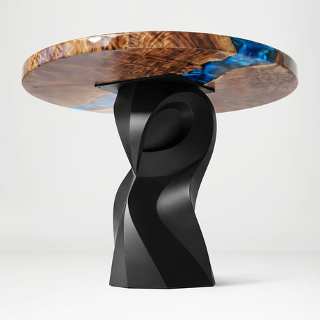 Metal Table Base 801 Owra 28.5" H – heavy-duty pedestal base featuring a sculptural owl-inspired silhouette in matte black powder-coated steel. This high-capacity metal base (1,000 lbs) provides a sturdy foundation specifically designed to support a heavy live-edge tabletop, thick marble slab, or glass top. A premium DIY steel table base and industrial furniture foundation that ensures steady support for custom dining room projects and professional commercial spaces.