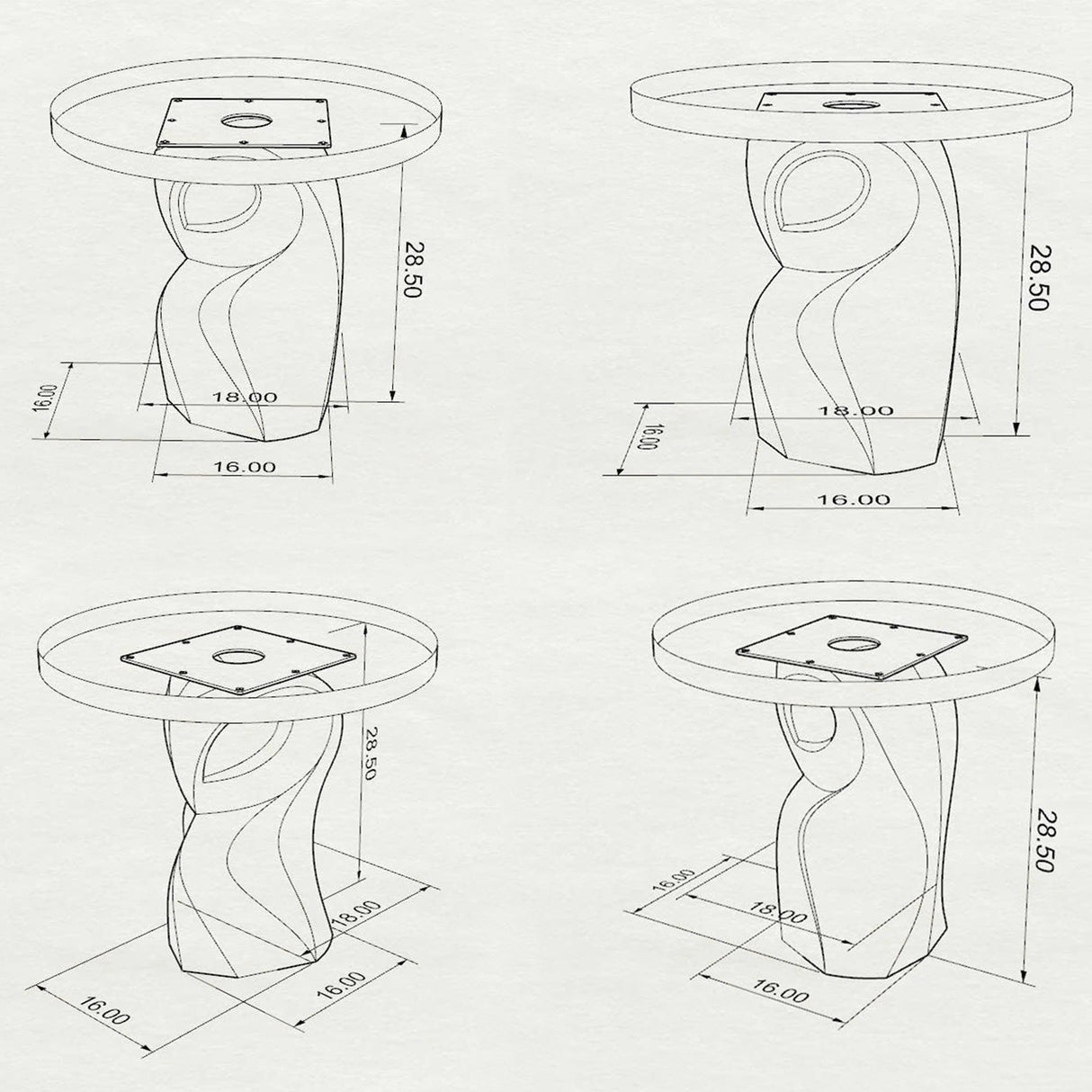 Metal Table Base 801 Owra 28.5" H – heavy-duty pedestal base featuring a sculptural owl-inspired silhouette in matte black powder-coated steel. This high-capacity metal base (1,000 lbs) provides a sturdy foundation specifically designed to support a heavy live-edge tabletop, thick marble slab, or glass top. A premium DIY steel table base and industrial furniture foundation that ensures steady support for custom dining room projects and professional commercial spaces.