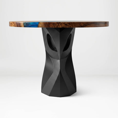 Metal Table Base 801 Owra 28.5" H – heavy-duty pedestal base featuring a sculptural owl-inspired silhouette in matte black powder-coated steel. This high-capacity metal base (1,000 lbs) provides a sturdy foundation specifically designed to support a heavy live-edge tabletop, thick marble slab, or glass top. A premium DIY steel table base and industrial furniture foundation that ensures steady support for custom dining room projects and professional commercial spaces.