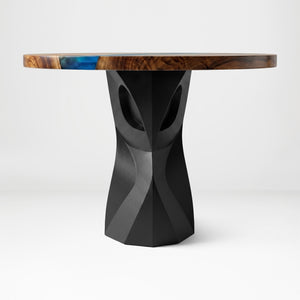 Metal Table Base 801 Owra 28.5" H – heavy-duty pedestal base featuring a sculptural owl-inspired silhouette in matte black powder-coated steel. This high-capacity metal base (1,000 lbs) provides a sturdy foundation specifically designed to support a heavy live-edge tabletop, thick marble slab, or glass top. A premium DIY steel table base and industrial furniture foundation that ensures steady support for custom dining room projects and professional commercial spaces.