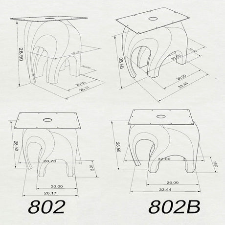 3D technical drawing of Metal Table Base 802 | 802B Elephas 28.5" H. Features a biomorphic elephant-inspired steel design in two sizes: Model 802 (20" L x 16" W) and Model 802B (26" L x 16" W). 