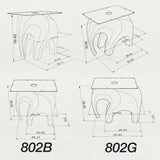 3D technical drawing of Metal Table Base 802 | 802B Elephas 28.5" H. Features a biomorphic elephant-inspired steel design in two sizes: Model 802 (20" L x 16" W) and Model 802B (26" L x 16" W). 