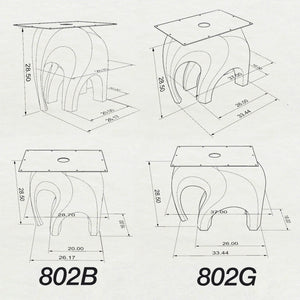 3D technical drawing of Metal Table Base 802 | 802B Elephas 28.5" H. Features a biomorphic elephant-inspired steel design in two sizes: Model 802 (20" L x 16" W) and Model 802B (26" L x 16" W). 