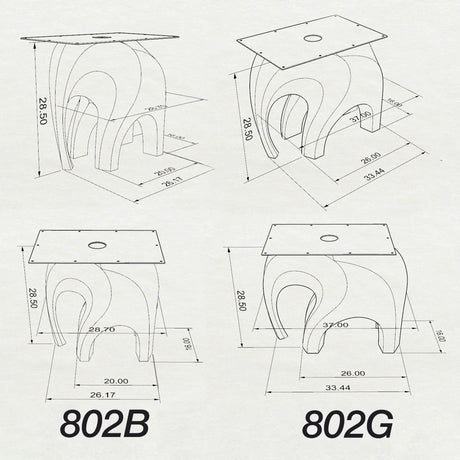 3D technical drawing of Metal Table Base 802 | 802B Elephas 28.5" H. Features a biomorphic elephant-inspired steel design in two sizes: Model 802 (20" L x 16" W) and Model 802B (26" L x 16" W). 