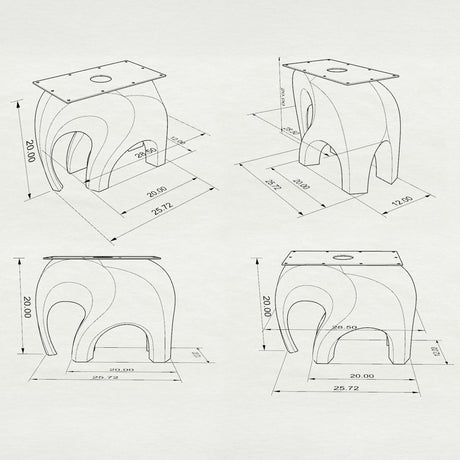 Metal End Table Base 802S Elephas 20" H – 3D technical drawing of an elephant-inspired powder-coated steel base for side tables and nightstands. Features a compact biomorphic design (20"L x 12"W x 20"H). Ideal for custom accent tables in modern, minimalist, or Scandinavian interiors, supporting wood, stone, or glass tops.