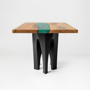 Metal Table Base 802 Elephas 28.5" H – powder-coated steel base with wood table top on a clean white background, ideal for custom dining tables and modern interiors.