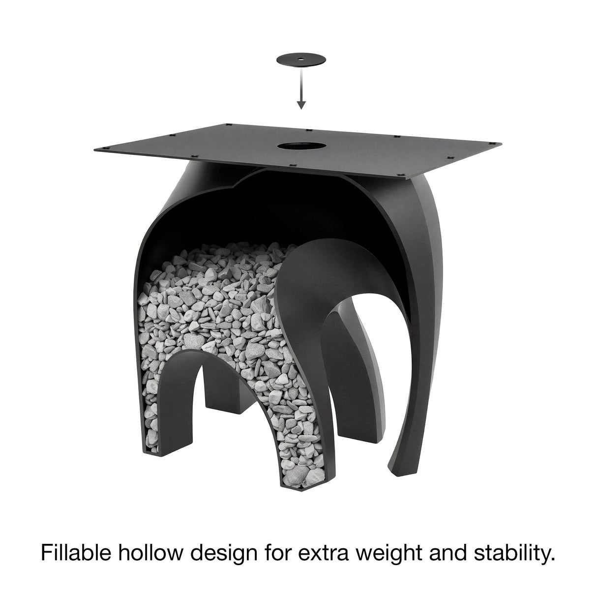 Black Metal Table Base 802 & 802B Elephas 28.5" H – Scandinavian minimalist pedestal table base featuring an iconic, biomorphic "elephant" silhouette handcrafted from heavy-duty powder-coated steel in matte black. These architectural dining table bases provide an ultra-sturdy foundation (1,000 lbs capacity) available in 28.7"L (Model 802) or 37"L (Model 802B) configurations. A premium DIY steel table base engineered with an expansive, precision-drilled 29.5" x 19.7" mounting plate to securely support a heav