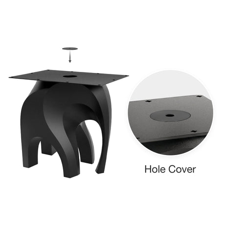 Black Metal Table Base 802 & 802B Elephas 28.5" H – Scandinavian minimalist pedestal table base featuring an iconic, biomorphic "elephant" silhouette handcrafted from heavy-duty powder-coated steel in matte black. These architectural dining table bases provide an ultra-sturdy foundation (1,000 lbs capacity) available in 28.7"L (Model 802) or 37"L (Model 802B) configurations. A premium DIY steel table base engineered with an expansive, precision-drilled 29.5" x 19.7" mounting plate to securely support a heav