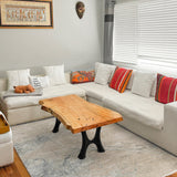 Natural wood bench top supported by Haru 103 steel bench legs in dining room