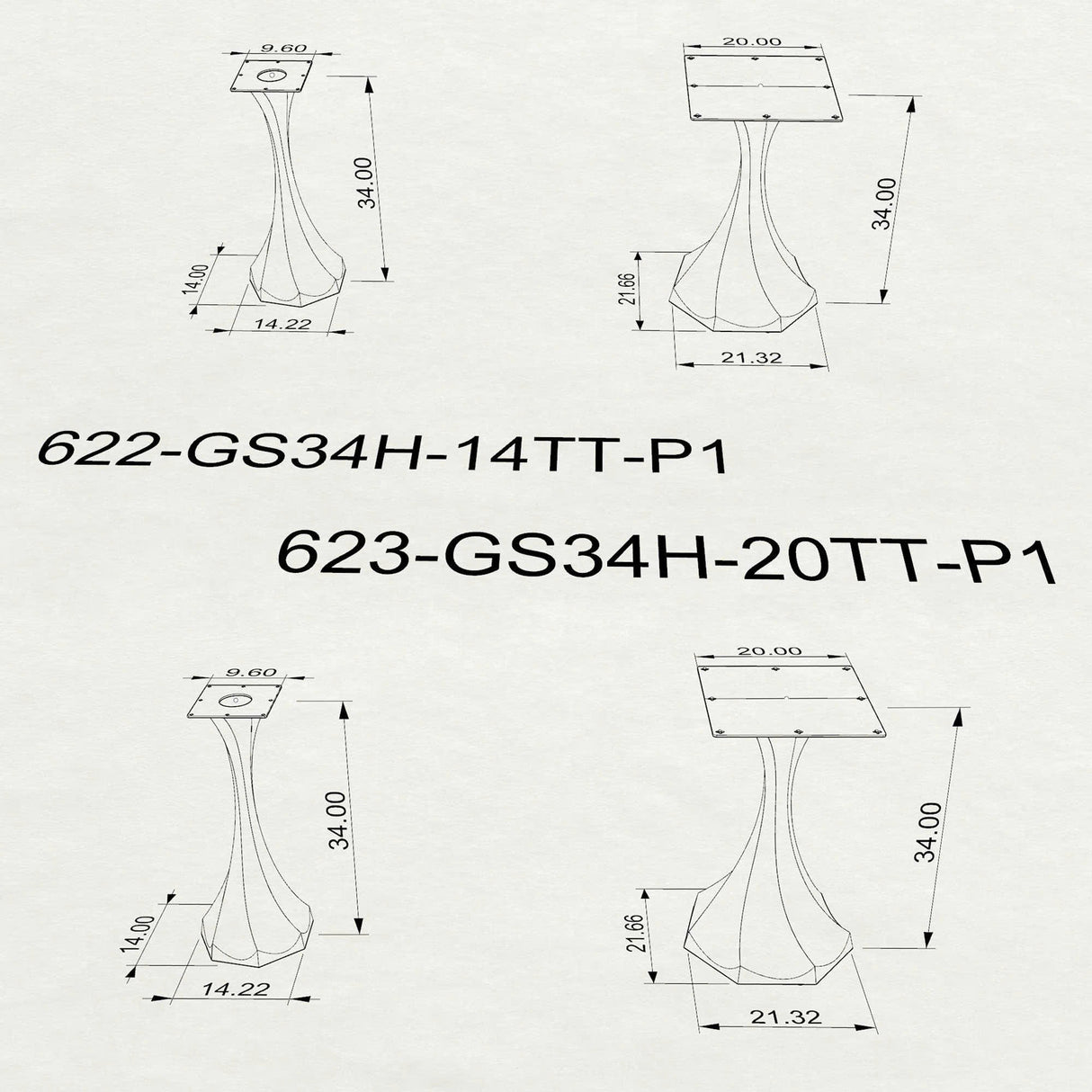 Heavy-duty counter table base 622 and 623 with dimension details