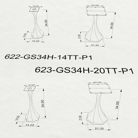 Heavy-duty counter table base 622 and 623 with dimension details