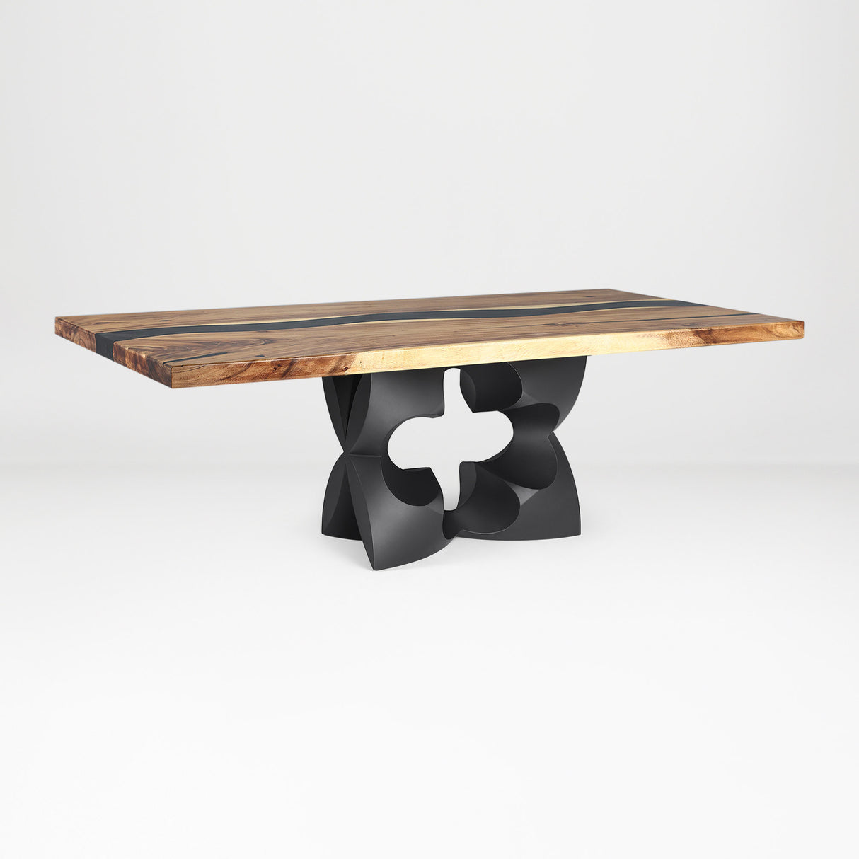 Metal Table Base 344 Chloris Petal 28.5" H – flower-inspired pedestal base handcrafted from heavy-duty powder-coated steel in matte black. This heavy-duty sculptural metal base features an elongated botanical petal silhouette and a sturdy foundation (1,000 lbs capacity; 34"L x 18"W). A premium DIY steel table base and modern furniture foundation specifically engineered to support a heavy live-edge tabletop, rectangular wood top, or marble slab in dining rooms.