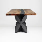 Metal Table Base 344 Chloris Petal 28.5" H – flower-inspired pedestal base handcrafted from heavy-duty powder-coated steel in matte black. This heavy-duty sculptural metal base features an elongated botanical petal silhouette and a sturdy foundation (1,000 lbs capacity; 34"L x 18"W). A premium DIY steel table base and modern furniture foundation specifically engineered to support a heavy live-edge tabletop, rectangular wood top, or marble slab in dining rooms.