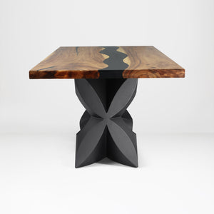 Metal Table Base 344 Chloris Petal 28.5" H – flower-inspired pedestal base handcrafted from heavy-duty powder-coated steel in matte black. This heavy-duty sculptural metal base features an elongated botanical petal silhouette and a sturdy foundation (1,000 lbs capacity; 34"L x 18"W). A premium DIY steel table base and modern furniture foundation specifically engineered to support a heavy live-edge tabletop, rectangular wood top, or marble slab in dining rooms.