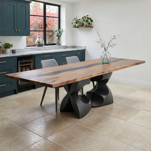 Metal Table Base 344 Chloris Petal 28.5" H – flower-inspired pedestal base handcrafted from heavy-duty powder-coated steel in matte black. This heavy-duty sculptural metal base features an elongated botanical petal silhouette and a sturdy foundation (1,000 lbs capacity; 34"L x 18"W). A premium DIY steel table base and modern furniture foundation specifically engineered to support a heavy live-edge tabletop, rectangular wood top, or marble slab in dining rooms.
