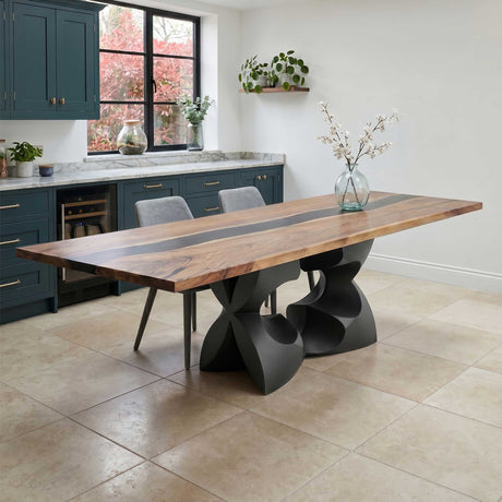 Metal Table Base 344 Chloris Petal 28.5" H – flower-inspired pedestal base handcrafted from heavy-duty powder-coated steel in matte black. This heavy-duty sculptural metal base features an elongated botanical petal silhouette and a sturdy foundation (1,000 lbs capacity; 34"L x 18"W). A premium DIY steel table base and modern furniture foundation specifically engineered to support a heavy live-edge tabletop, rectangular wood top, or marble slab in dining rooms.