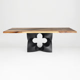 Metal Table Base 344 Chloris Petal 28.5" H – flower-inspired pedestal base handcrafted from heavy-duty powder-coated steel in matte black. This heavy-duty sculptural metal base features an elongated botanical petal silhouette and a sturdy foundation (1,000 lbs capacity; 34"L x 18"W). A premium DIY steel table base and modern furniture foundation specifically engineered to support a heavy live-edge tabletop, rectangular wood top, or marble slab in dining rooms.