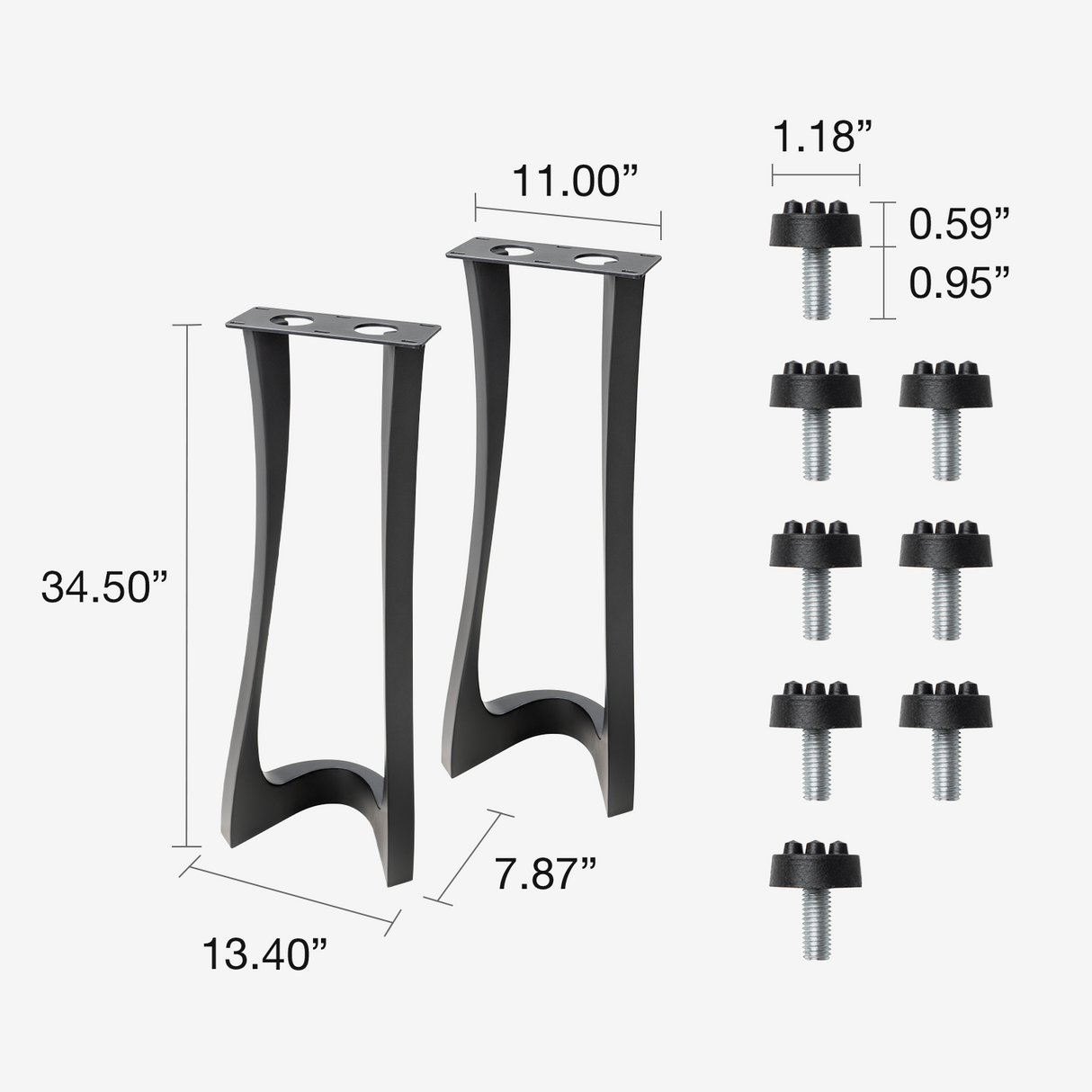 black metal furniture leg with dimensions and screws