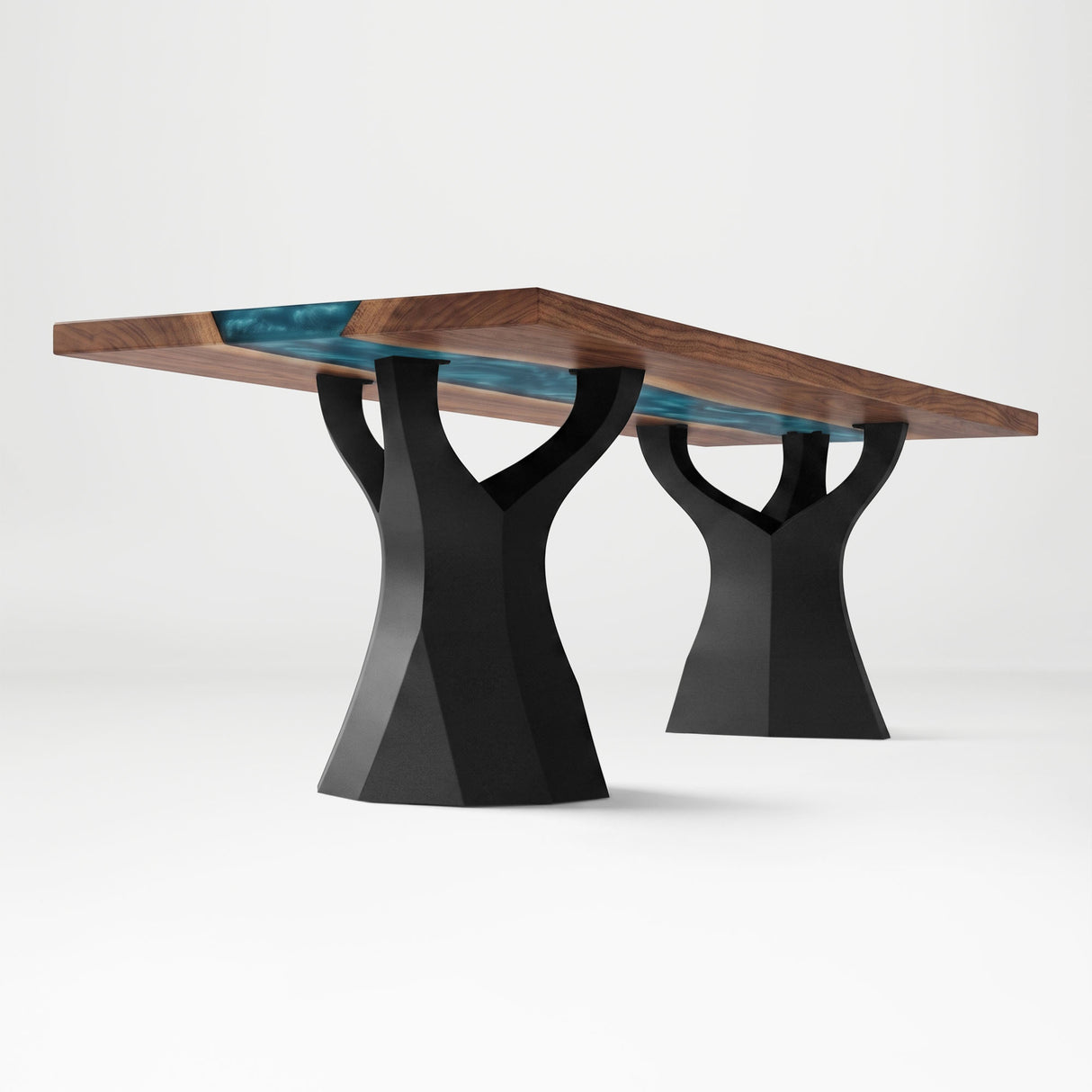 Black Metal Table Base 413 & 451 Ramo 28.2" H – Scandinavian-inspired pedestal table base featuring a distinct, organic branching silhouette handcrafted from heavy-duty powder-coated steel in matte black. These architectural metal dining bases provide an ultra-sturdy foundation (1,000 lbs capacity) available in 22.5"L (Model 413) or 18"L (Model 451) configurations. A premium DIY steel table base engineered with an expansive, precision-drilled mounting plate to securely support a heavy live-edge tabletop, ma