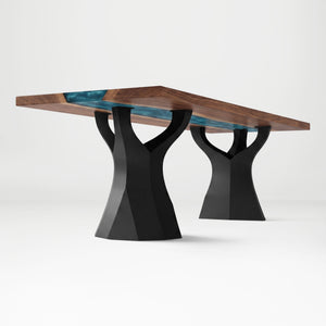 Black Metal Table Base 413 & 451 Ramo 28.2" H – Scandinavian-inspired pedestal table base featuring a distinct, organic branching silhouette handcrafted from heavy-duty powder-coated steel in matte black. These architectural metal dining bases provide an ultra-sturdy foundation (1,000 lbs capacity) available in 22.5"L (Model 413) or 18"L (Model 451) configurations. A premium DIY steel table base engineered with an expansive, precision-drilled mounting plate to securely support a heavy live-edge tabletop, ma