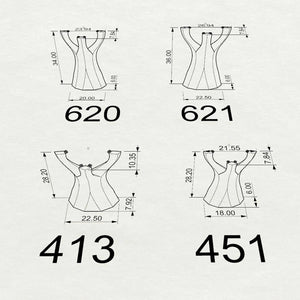 Technical drawing of a dress with measurements on a white background