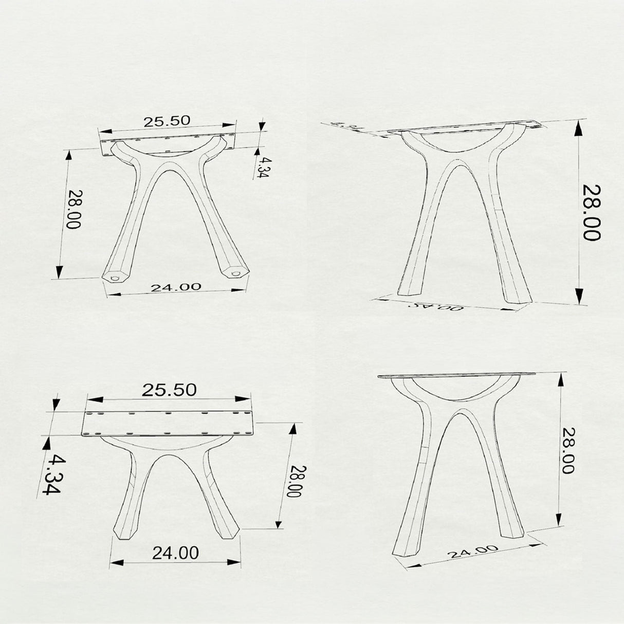 Black Metal Table Base 414 Hatty 28" H – Minimalist contemporary table base set (2 pieces) handcrafted from heavy-duty powder-coated steel in matte black. These industrial metal dining bases provide an ultra-sturdy foundation (1,000 lbs capacity; 23.6"L x 3.3"W). A premium DIY steel table base engineered with an expansive, precision-drilled 25.5" x 4.3" mounting plate to securely support a heavy live-edge tabletop, marble slab, or wood dining top.