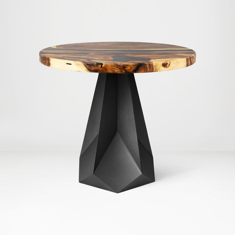 Metal Table Base 339 Facis 28.5" H – geometric pedestal base handcrafted from heavy-duty powder-coated steel in matte black. This sculptural metal base features sharp lines and a wide sturdy foundation (1,000 lbs capacity), specifically engineered to support a heavy live-edge tabletop, round wood top, or marble slab. A premium DIY steel table base and modern furniture foundation that brings a strong presence to custom dining room tables and creative studio spaces.