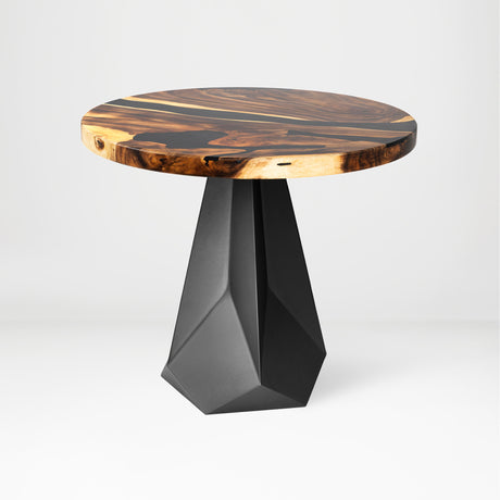 Metal Table Base 339 Facis 28.5" H – geometric pedestal base handcrafted from heavy-duty powder-coated steel in matte black. This sculptural metal base features sharp lines and a wide sturdy foundation (1,000 lbs capacity), specifically engineered to support a heavy live-edge tabletop, round wood top, or marble slab. A premium DIY steel table base and modern furniture foundation that brings a strong presence to custom dining room tables and creative studio spaces.