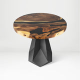 Metal Table Base 339 Facis 28.5" H – geometric pedestal base handcrafted from heavy-duty powder-coated steel in matte black. This sculptural metal base features sharp lines and a wide sturdy foundation (1,000 lbs capacity), specifically engineered to support a heavy live-edge tabletop, round wood top, or marble slab. A premium DIY steel table base and modern furniture foundation that brings a strong presence to custom dining room tables and creative studio spaces.