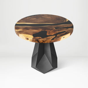 Metal Table Base 339 Facis 28.5" H – geometric pedestal base handcrafted from heavy-duty powder-coated steel in matte black. This sculptural metal base features sharp lines and a wide sturdy foundation (1,000 lbs capacity), specifically engineered to support a heavy live-edge tabletop, round wood top, or marble slab. A premium DIY steel table base and modern furniture foundation that brings a strong presence to custom dining room tables and creative studio spaces.