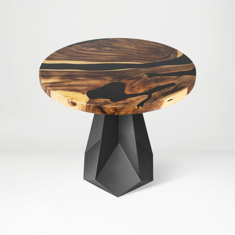 Metal Table Base 339 Facis 28.5" H – geometric pedestal base handcrafted from heavy-duty powder-coated steel in matte black. This sculptural metal base features sharp lines and a wide sturdy foundation (1,000 lbs capacity), specifically engineered to support a heavy live-edge tabletop, round wood top, or marble slab. A premium DIY steel table base and modern furniture foundation that brings a strong presence to custom dining room tables and creative studio spaces.
