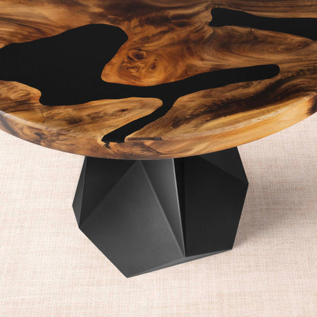 Metal Table Base 339 Facis 28.5" H – geometric pedestal base handcrafted from heavy-duty powder-coated steel in matte black. This sculptural metal base features sharp lines and a wide sturdy foundation (1,000 lbs capacity), specifically engineered to support a heavy live-edge tabletop, round wood top, or marble slab. A premium DIY steel table base and modern furniture foundation that brings a strong presence to custom dining room tables and creative studio spaces.