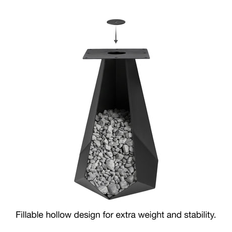 Metal Table Base 339 Facis 28.5" H – geometric pedestal base handcrafted from heavy-duty powder-coated steel in matte black. This sculptural metal base features sharp lines and a wide sturdy foundation (1,000 lbs capacity), specifically engineered to support a heavy live-edge tabletop, round wood top, or marble slab. A premium DIY steel table base and modern furniture foundation that brings a strong presence to custom dining room tables and creative studio spaces.