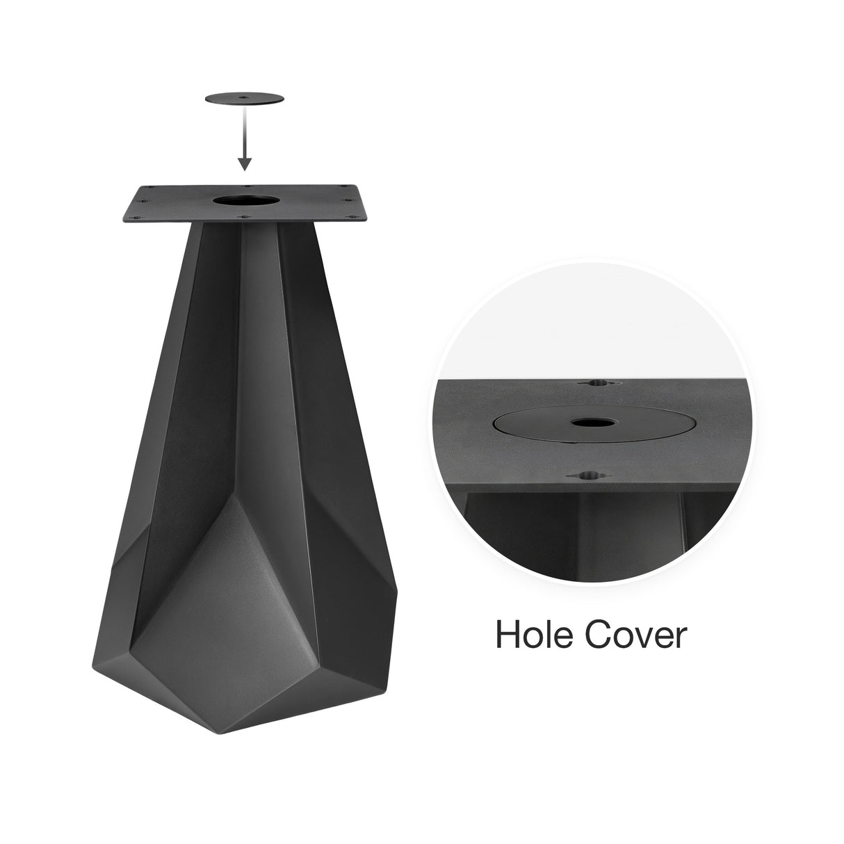 Metal Table Base 339 Facis 28.5" H – geometric pedestal base handcrafted from heavy-duty powder-coated steel in matte black. This sculptural metal base features sharp lines and a wide sturdy foundation (1,000 lbs capacity), specifically engineered to support a heavy live-edge tabletop, round wood top, or marble slab. A premium DIY steel table base and modern furniture foundation that brings a strong presence to custom dining room tables and creative studio spaces.