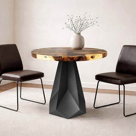 Metal Table Base 339 Facis 28.5" H – geometric pedestal base handcrafted from heavy-duty powder-coated steel in matte black. This sculptural metal base features sharp lines and a wide sturdy foundation (1,000 lbs capacity), specifically engineered to support a heavy live-edge tabletop, round wood top, or marble slab. A premium DIY steel table base and modern furniture foundation that brings a strong presence to custom dining room tables and creative studio spaces.