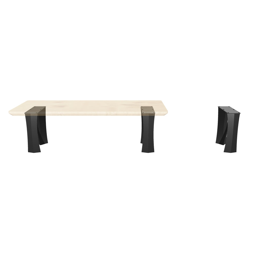 Metal Bench Base 104 Norah 16" H – Mid-Century modern table base set (2 pieces) handcrafted from heavy-duty powder-coated steel in matte black. This industrial metal bench base features a sculpted flow design and a sturdy foundation (500 lbs capacity; 13"L). A premium DIY steel bench base engineered with an expansive 15" pre-drilled mounting plate to support a heavy live-edge tabletop, wood bench top, or entryway seat.