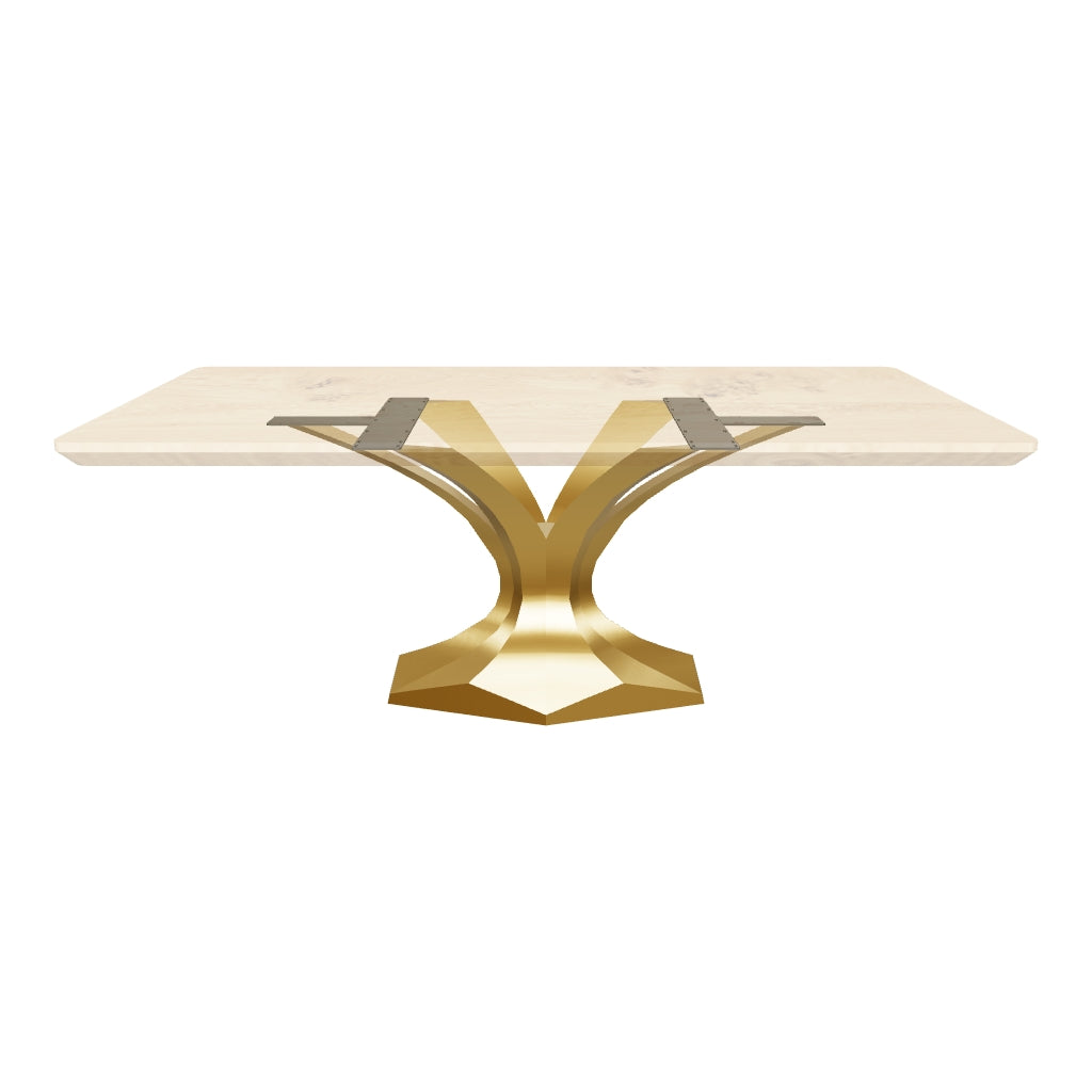 Brushed Gold Table Base 304 Dentro 28.5" H – contemporary Mid-Century modern pedestal base handcrafted from premium stainless steel in a luxurious brushed gold finish. This sculptural metal dining base provides an ultra-sturdy, single-piece strong foundation (1,000 lbs capacity; 31.5"L x 22.4"W). A high-end DIY steel table base and premium furniture foundation engineered to securely support a heavy live-edge tabletop, thick marble slab, or wood dining top.