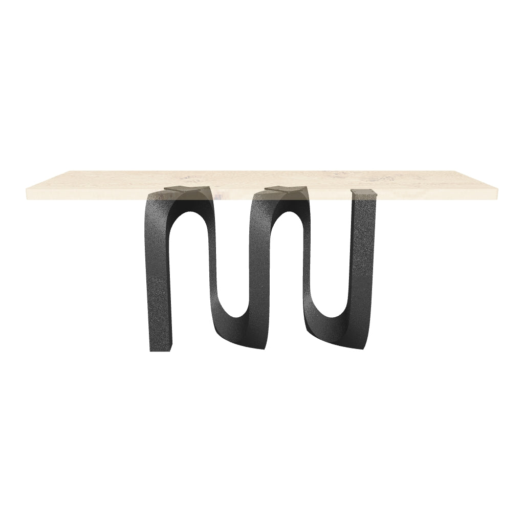 Black Metal Table Base 320 Cora 28" H – Industrial modern pedestal base featuring a fluid, wave-inspired silhouette handcrafted from heavy-duty powder-coated steel in matte black. This sculptural metal dining base provides an ultra-sturdy foundation (1,000 lbs capacity; 40"L x 11.2"W). A premium DIY steel table base engineered with a precision-drilled mounting plate to securely support a heavy live-edge tabletop, marble slab, or wood dining top.