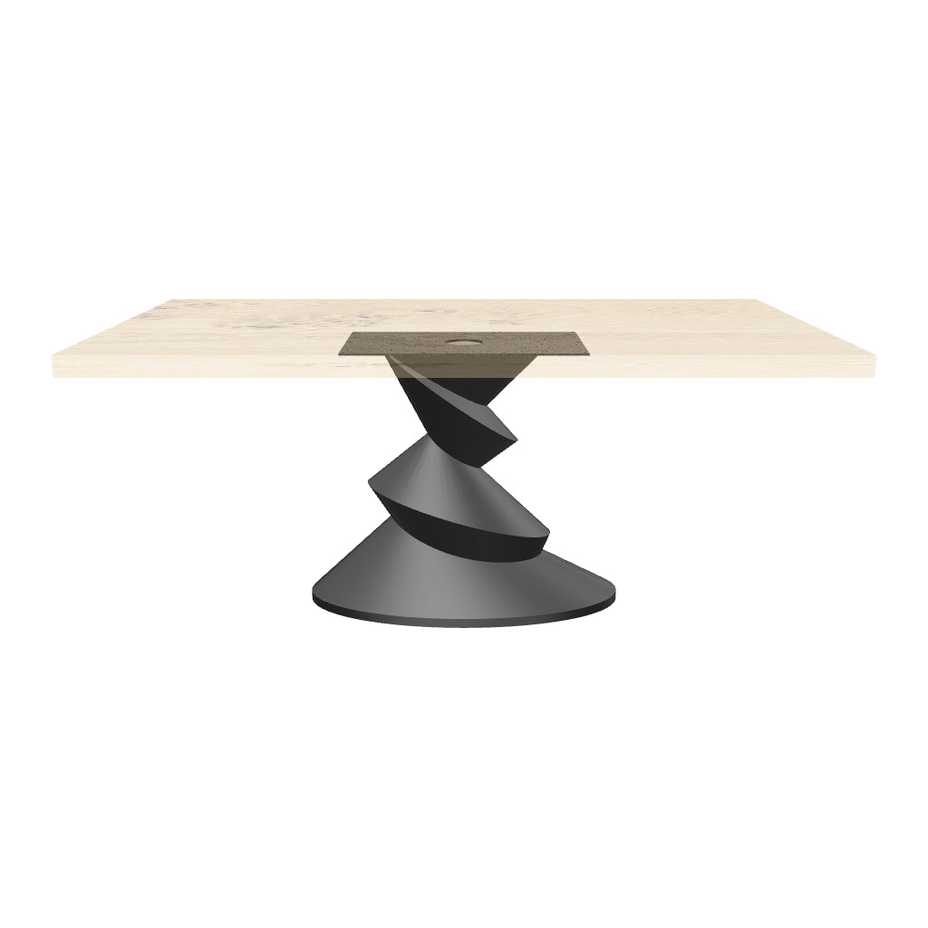 Metal Table Base 340 | 340S Horix 28.5" H – dynamic forward-leaning pedestal base in matte black powder-coated steel. This heavy-duty sculptural metal base provides an oval sturdy foundation (1,000 lbs capacity) in two sizes: Model 340 (16"x16") and Model 340S (34"x18"). A premium DIY steel table base engineered for a heavy live-edge tabletop, marble slab, or wood top.