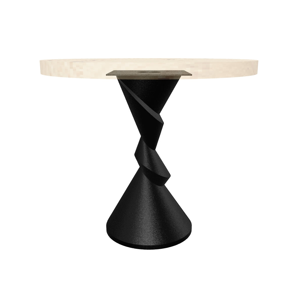 Metal Table Base 340 | 340S Horix 28.5" H – dynamic forward-leaning pedestal base in matte black powder-coated steel. This heavy-duty sculptural metal base provides an oval sturdy foundation (1,000 lbs capacity) in two sizes: Model 340 (16"x16") and Model 340S (34"x18"). A premium DIY steel table base engineered for a heavy live-edge tabletop, marble slab, or wood top.