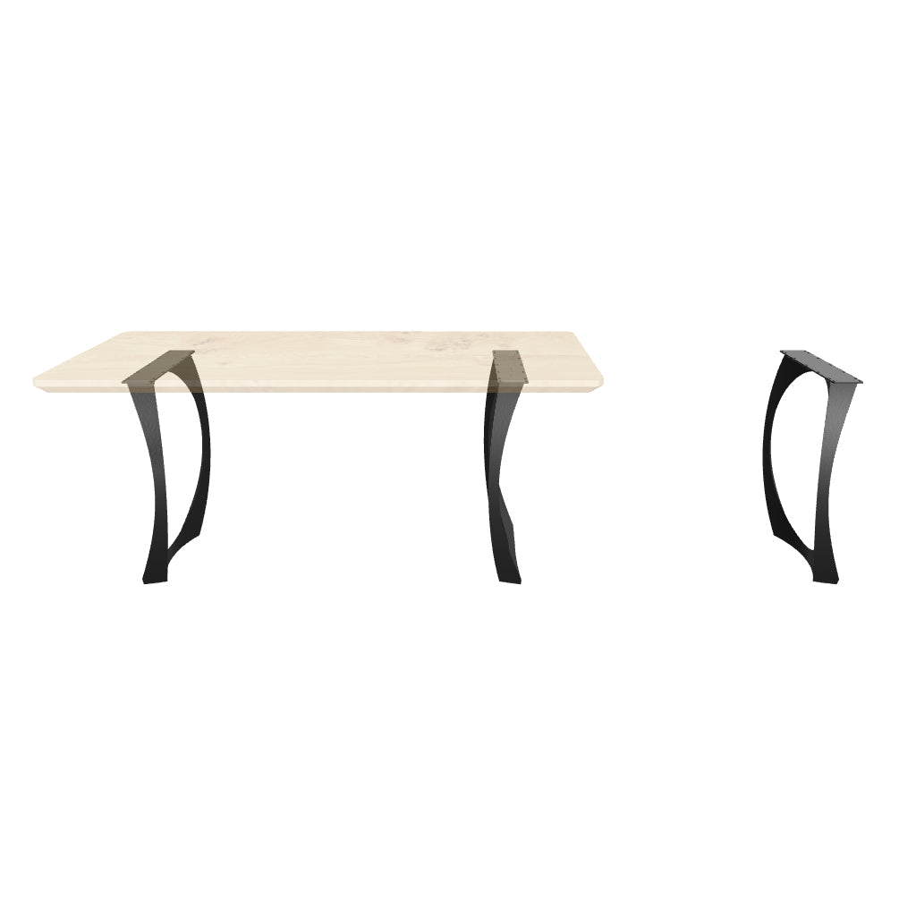 Black Metal Table Base 409 Cleo 28" H – Contemporary minimalist table base set (2 pieces) featuring a graceful, sculptural silhouette handcrafted from heavy-duty powder-coated steel in matte black. These architectural metal dining bases provide an ultra-sturdy foundation (1,000 lbs capacity; 21.7"L x 3"W). A premium DIY steel table base engineered with an expansive, precision-drilled 24.8" x 4.3" mounting plate to securely support a heavy live-edge tabletop, marble slab, or wood dining top.