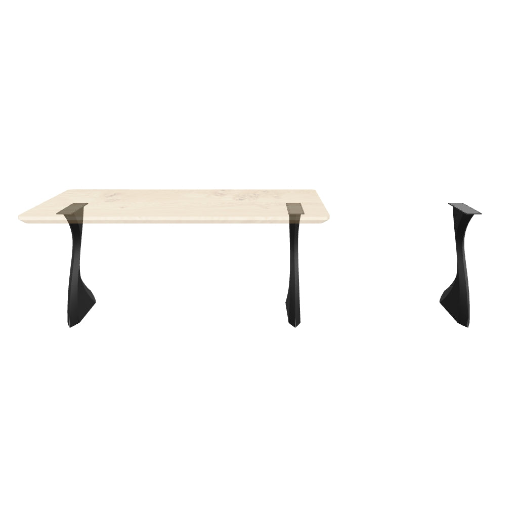 Black Metal Table Base 415 Botas 28" H – Minimalist modern table base set (2 pieces) featuring a graceful, flared silhouette handcrafted from heavy-duty powder-coated steel in matte black. These architectural metal dining bases provide an ultra-sturdy foundation (1,000 lbs capacity; 22.5"L x 3.5"W). A premium DIY steel table base engineered with a precision-drilled 15" x 4.3" mounting plate to securely support a heavy live-edge tabletop, marble slab, or wood dining top.