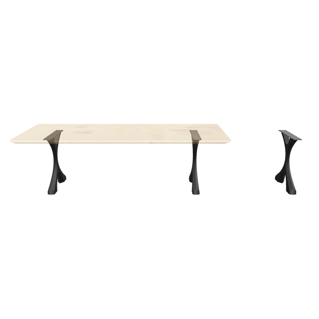 Black Metal Table Base 417 Xavier 28" H – Industrial modern X-shape table base set (2 pieces) handcrafted from heavy-duty powder-coated steel in matte black. This architectural metal dining base provides an ultra-sturdy foundation (1,000 lbs capacity; 24"L x 5"W). A premium DIY steel table base engineered with an expansive 24.8" x 4.3" precision-drilled mounting plate to securely support a heavy live-edge tabletop, marble slab, or wood dining top.